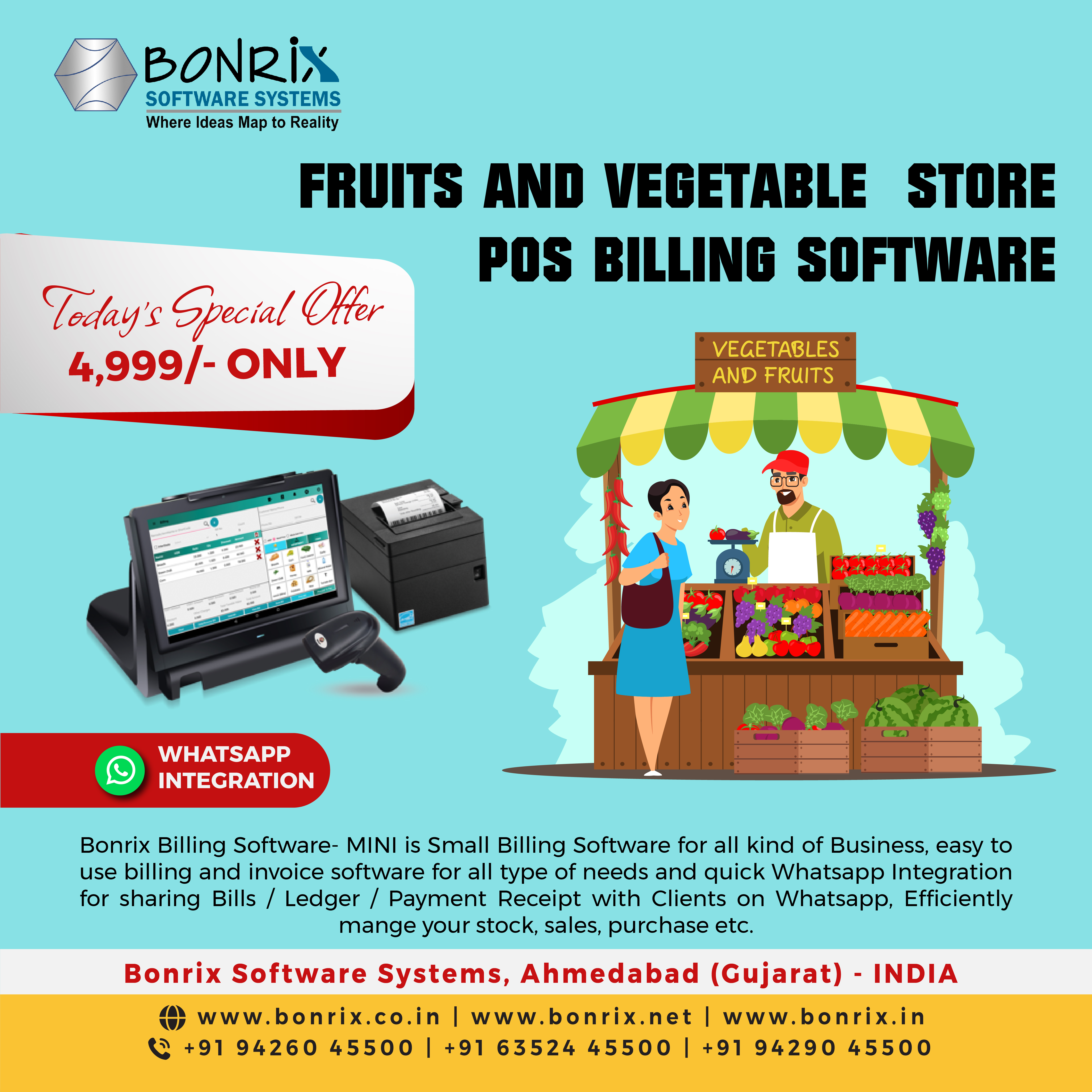 Fruits and Vegetable Store POS Billing Software. Small billing software for all kinds of businesses with quick Whatsapp integration for bills, ledger, and payment receipts.
